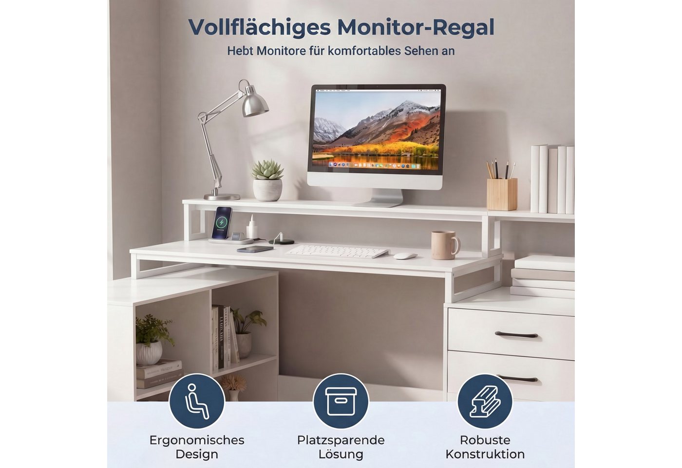 KOMFOTTEU Computertisch, mit integrierter Ladestation, Schubladen & Monitorhalterung – Bild 3 von 5