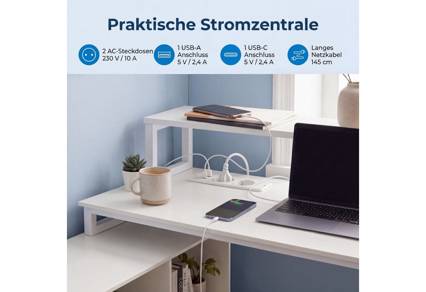 KOMFOTTEU Computertisch, mit integrierter Ladestation, Schubladen & Monitorhalterung – Bild 5 von 5