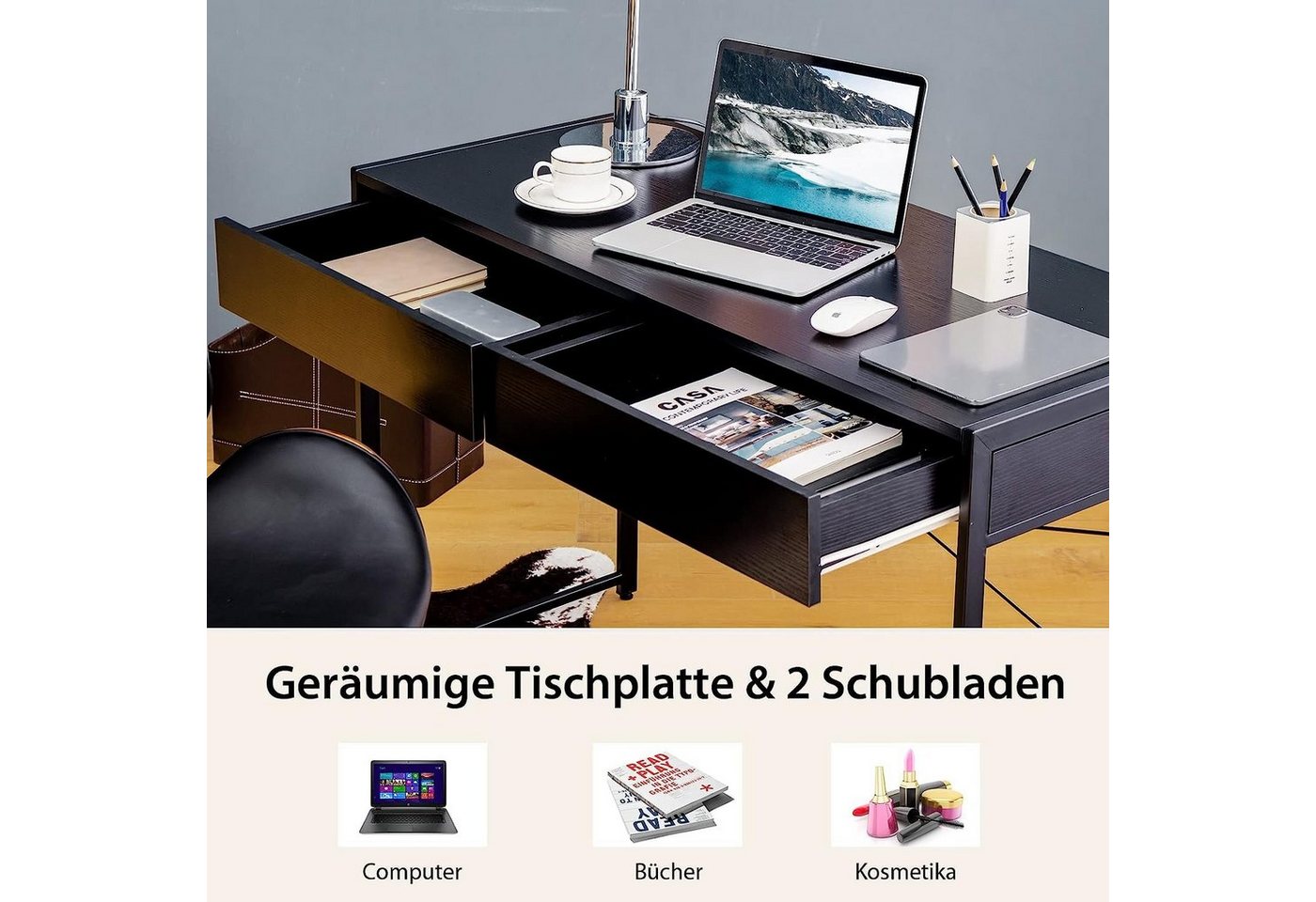 KOMFOTTEU Computertisch Schreibtisch, mit Schubladen – Bild 4 von 5
