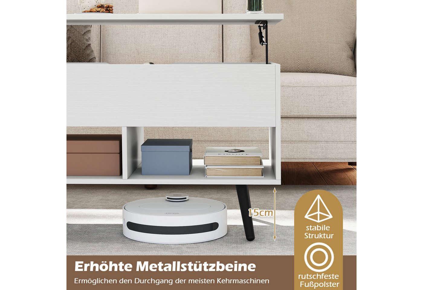 KOMFOTTEU Couchtisch, Kaffeetisch mit anhebbarer Tischplatte, 80 x 40 x 46-60 cm – Bild 3 von 5