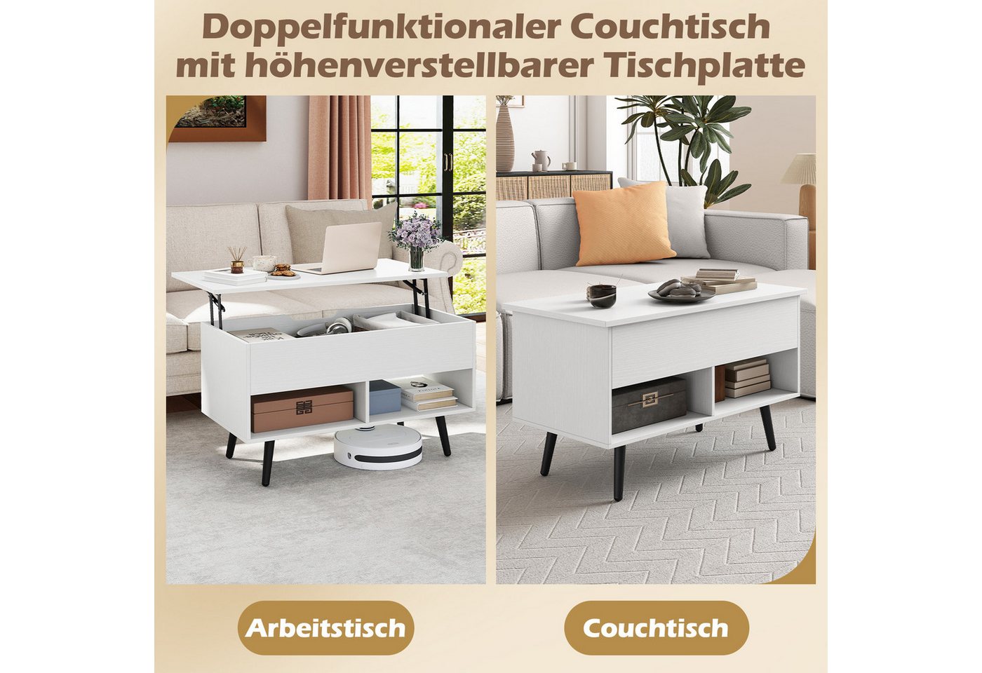 KOMFOTTEU Couchtisch, Kaffeetisch mit anhebbarer Tischplatte, 80 x 40 x 46-60 cm – Bild 5 von 5