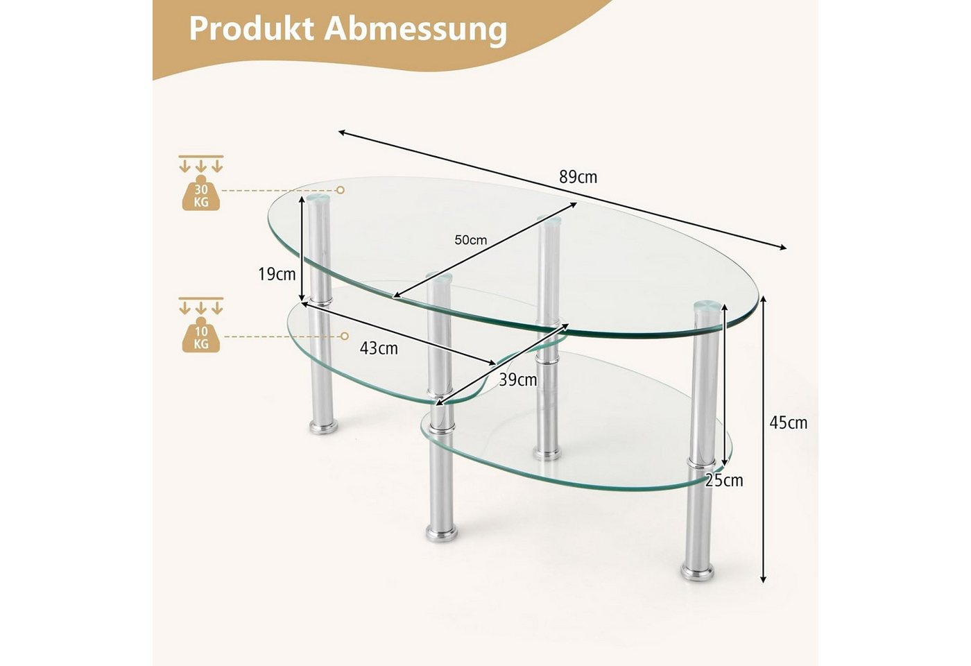 KOMFOTTEU Couchtisch Beistelltisch, 3 Ebenen Glastisch, mit Metallgestell – Bild 3 von 5