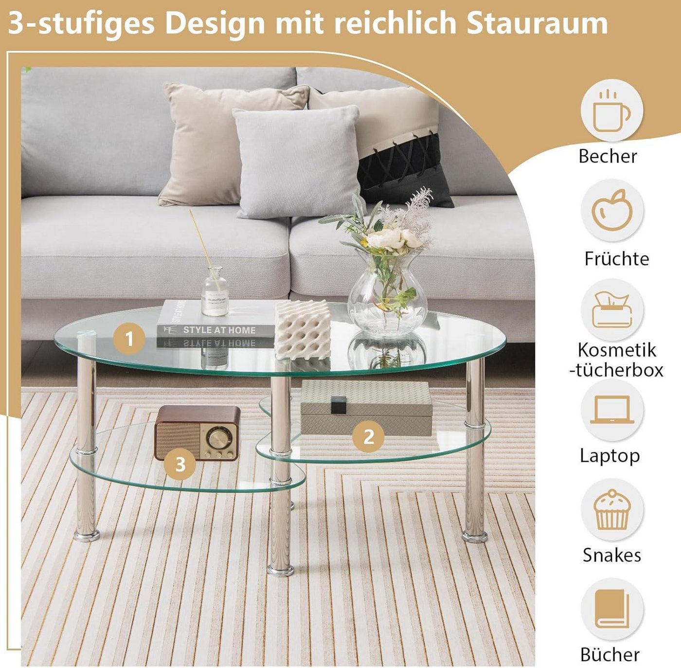 KOMFOTTEU Couchtisch Beistelltisch, 3 Ebenen Glastisch, mit Metallgestell – Bild 4 von 5
