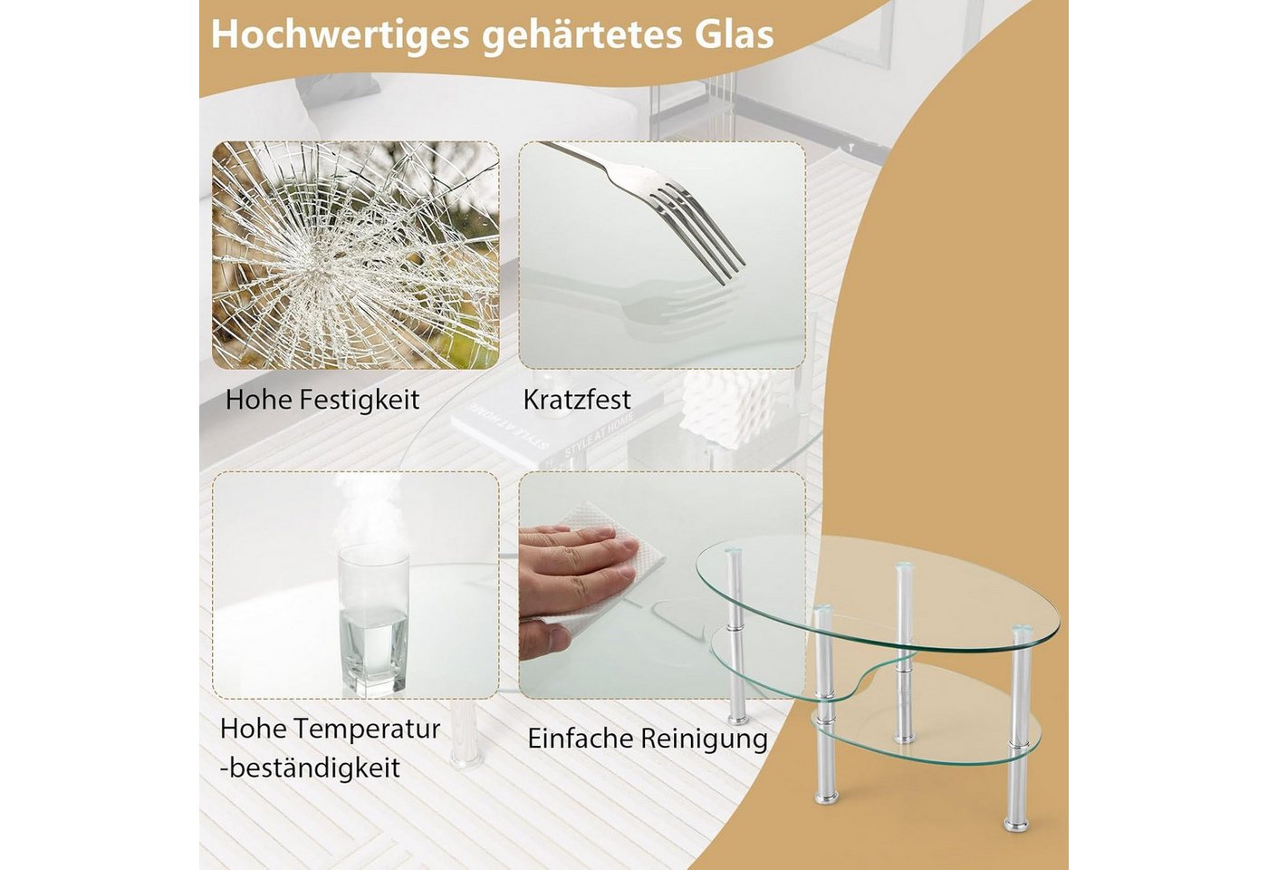 KOMFOTTEU Couchtisch Beistelltisch, 3 Ebenen Glastisch, mit Metallgestell – Bild 5 von 5