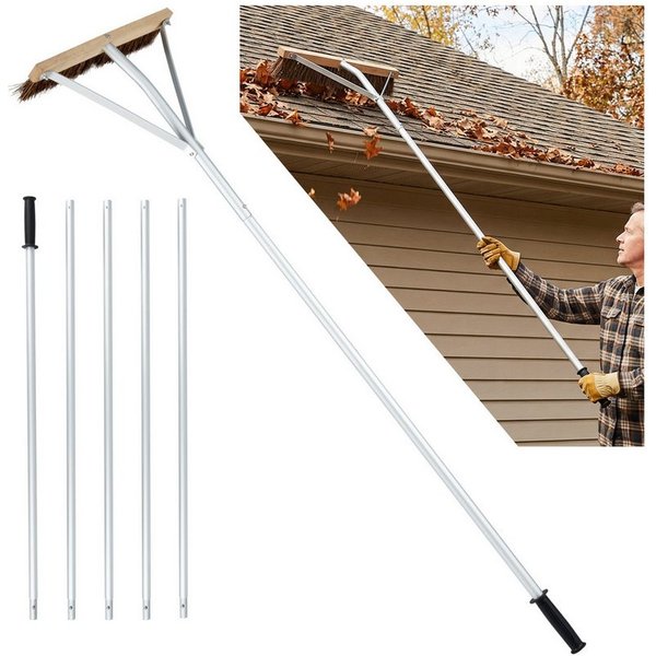 KOMFOTTEU Dachrinnenreiniger, Gartenharke mit Bürstenkopf, Aluminium-Teleskopstangen