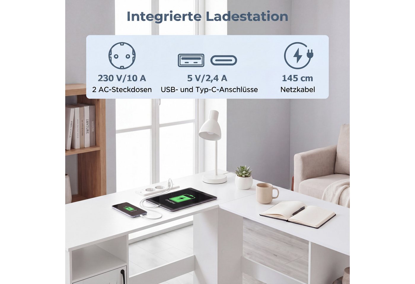 KOMFOTTEU Eckschreibtisch, L-förmiger Computertisch mit Ladestation und Schränken – Bild 2 von 5