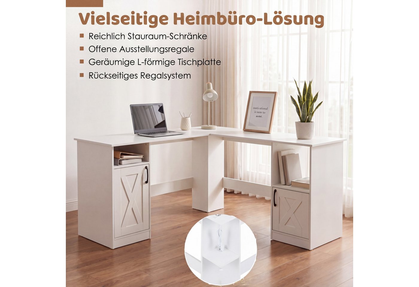 KOMFOTTEU Eckschreibtisch, L-förmiger Computertisch mit Ladestation und Schränken – Bild 3 von 5