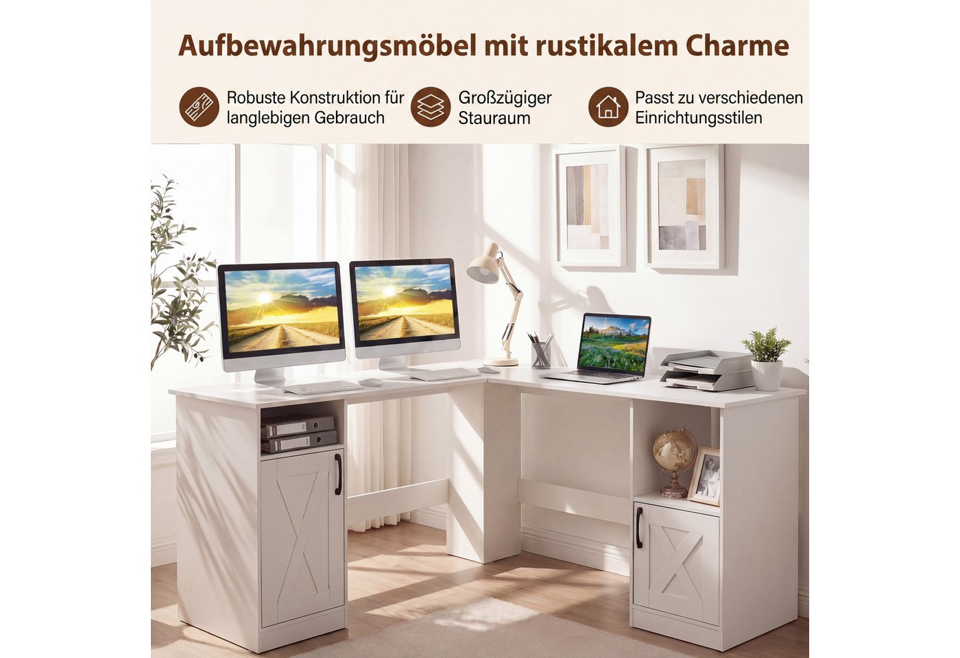 KOMFOTTEU Eckschreibtisch, L-förmiger Computertisch mit Ladestation und Schränken – Bild 4 von 5