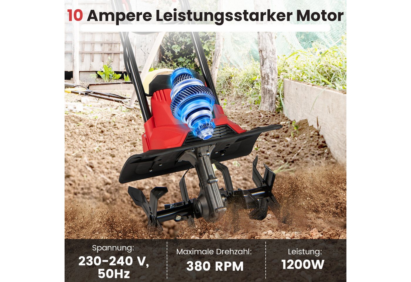KOMFOTTEU Elektromotorhacke, klappbarer Bodenhacke, 750W, 380 U/min – Bild 2 von 4