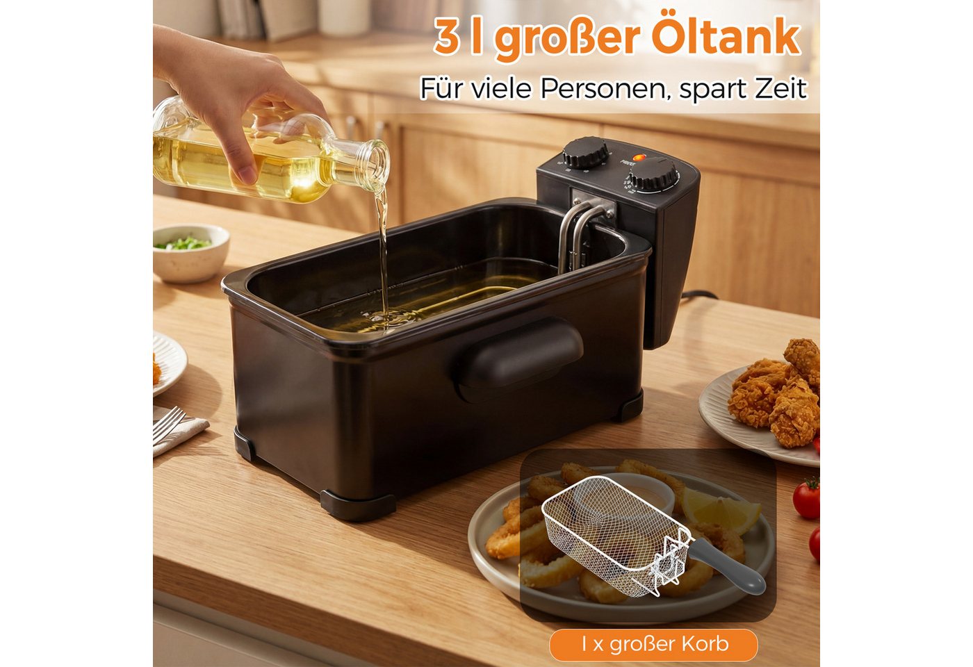 KOMFOTTEU Fritteuse, 2000 W, mit 3 L Öl Kapazität, Timer & verstellbarem Thermostat 150–190°C – Bild 3 von 5