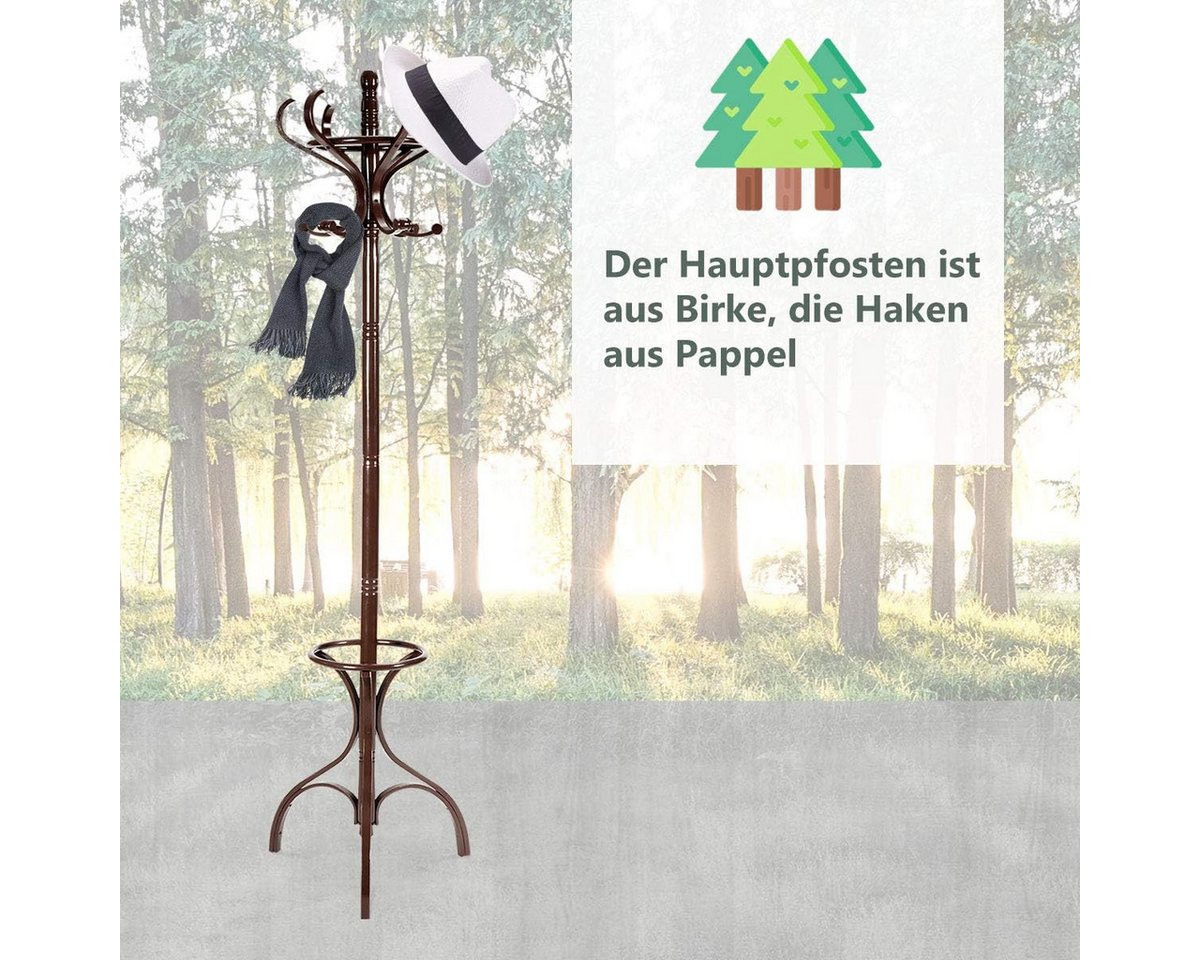 KOMFOTTEU Garderobenständer, mit 12 Haken & Schirmständer, aus Holz – Bild 4 von 5