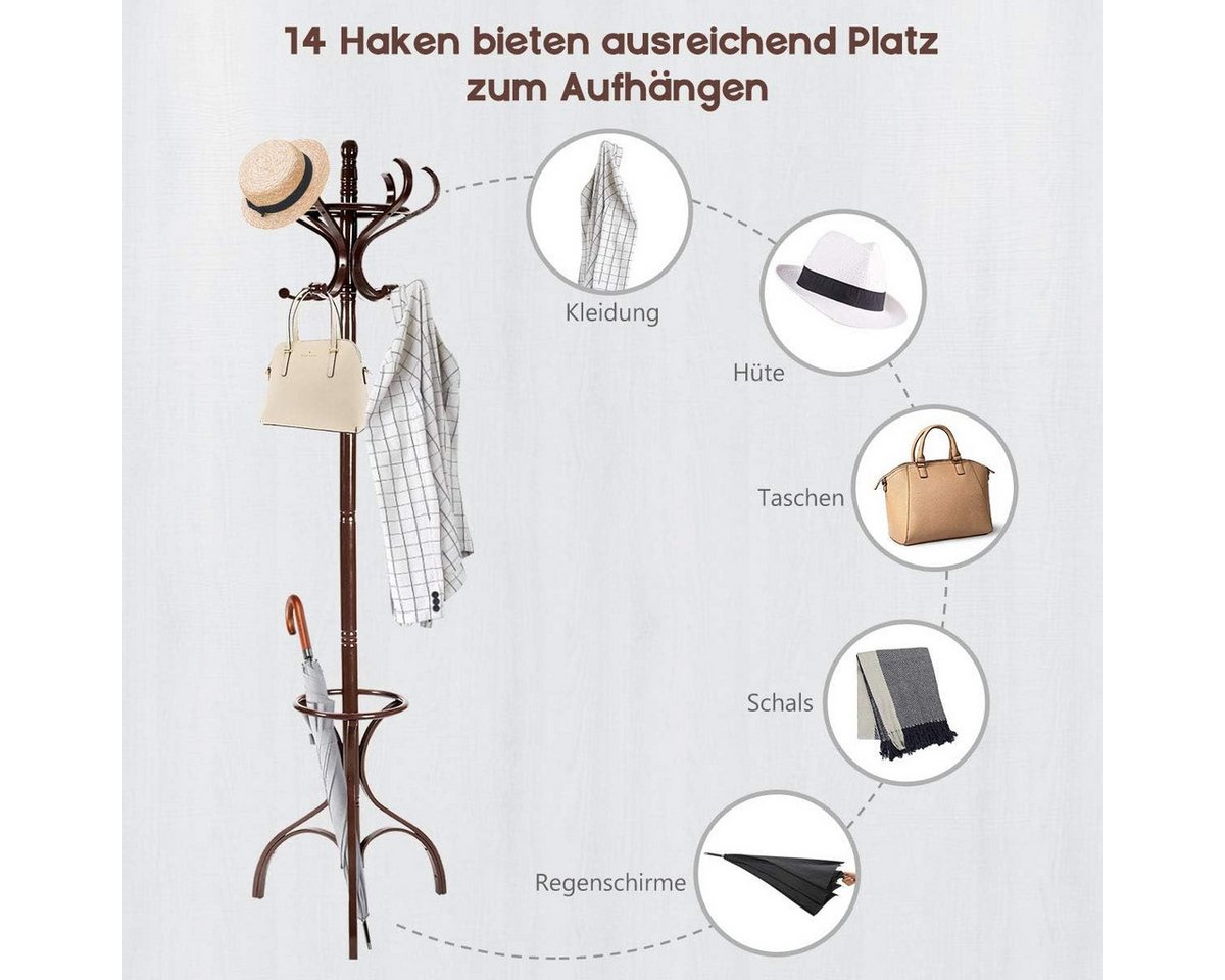 KOMFOTTEU Garderobenständer, mit 12 Haken & Schirmständer, aus Holz – Bild 5 von 5