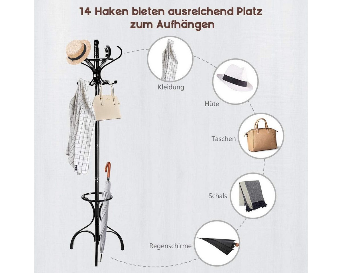 KOMFOTTEU Garderobenständer, mit 12 Haken & Schirmständer, aus Holz – Bild 5 von 5