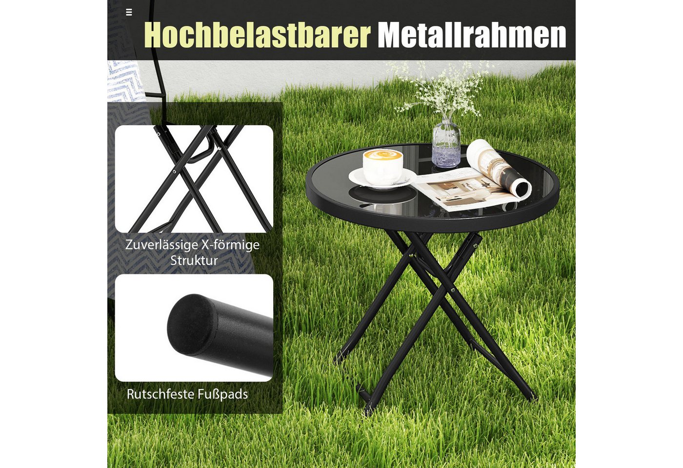KOMFOTTEU Gartentisch, Beistelltisch klappbar aus Metall, rund – Bild 3 von 5