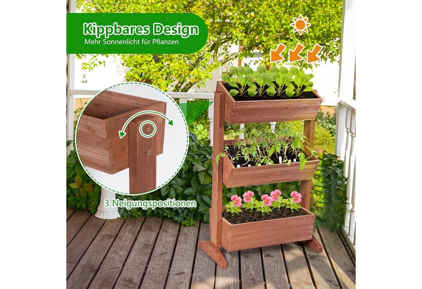 KOMFOTTEU Hochbeet 3 Etagen Blumenbeet, mit verstellbaren Blumentrögen & Ablauflöchern – Bild 4 von 5