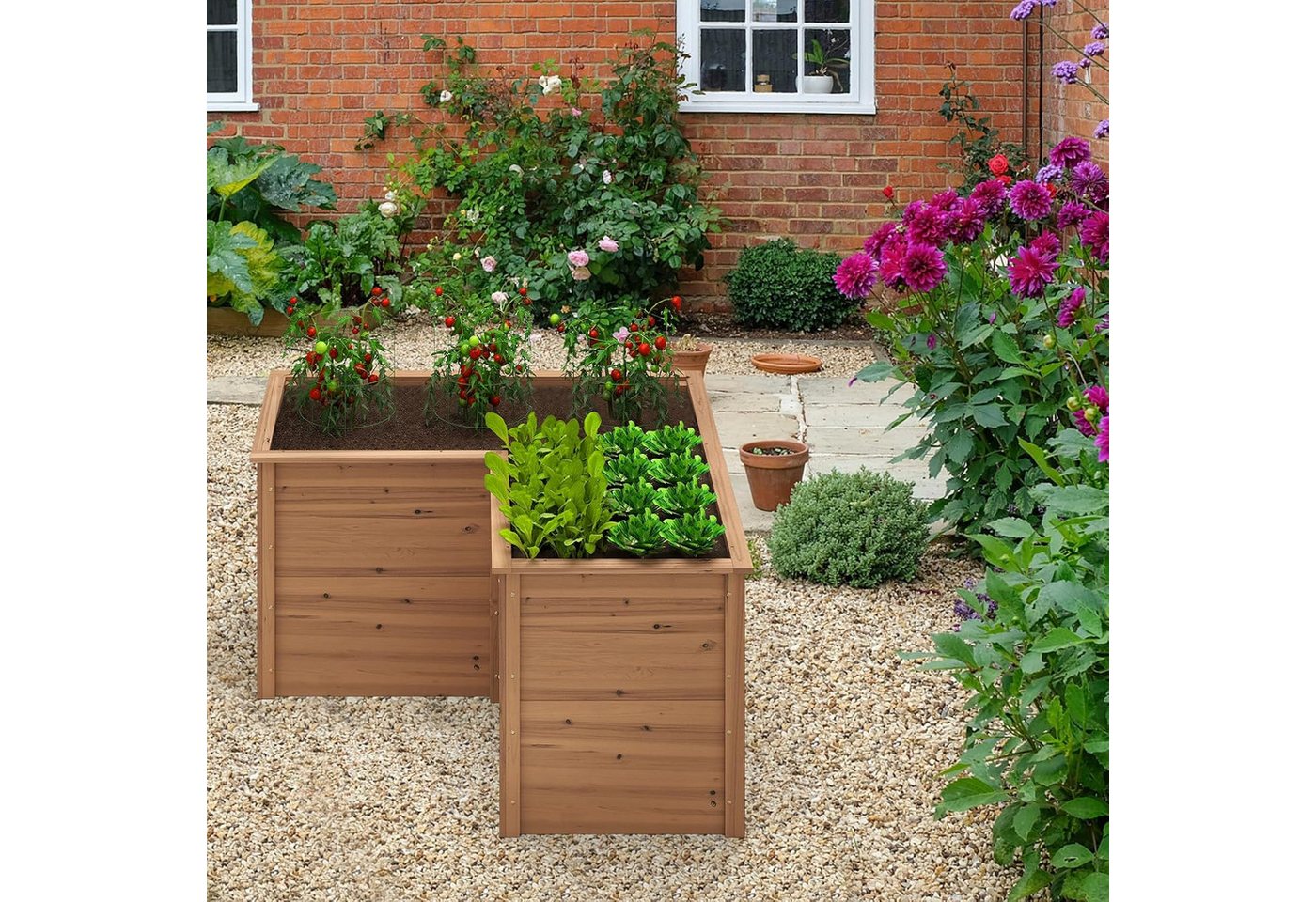 KOMFOTTEU Hochbeet Gartenbeet, L-förmiges Pflanzenkasten mit offenem Boden – Bild 2 von 5