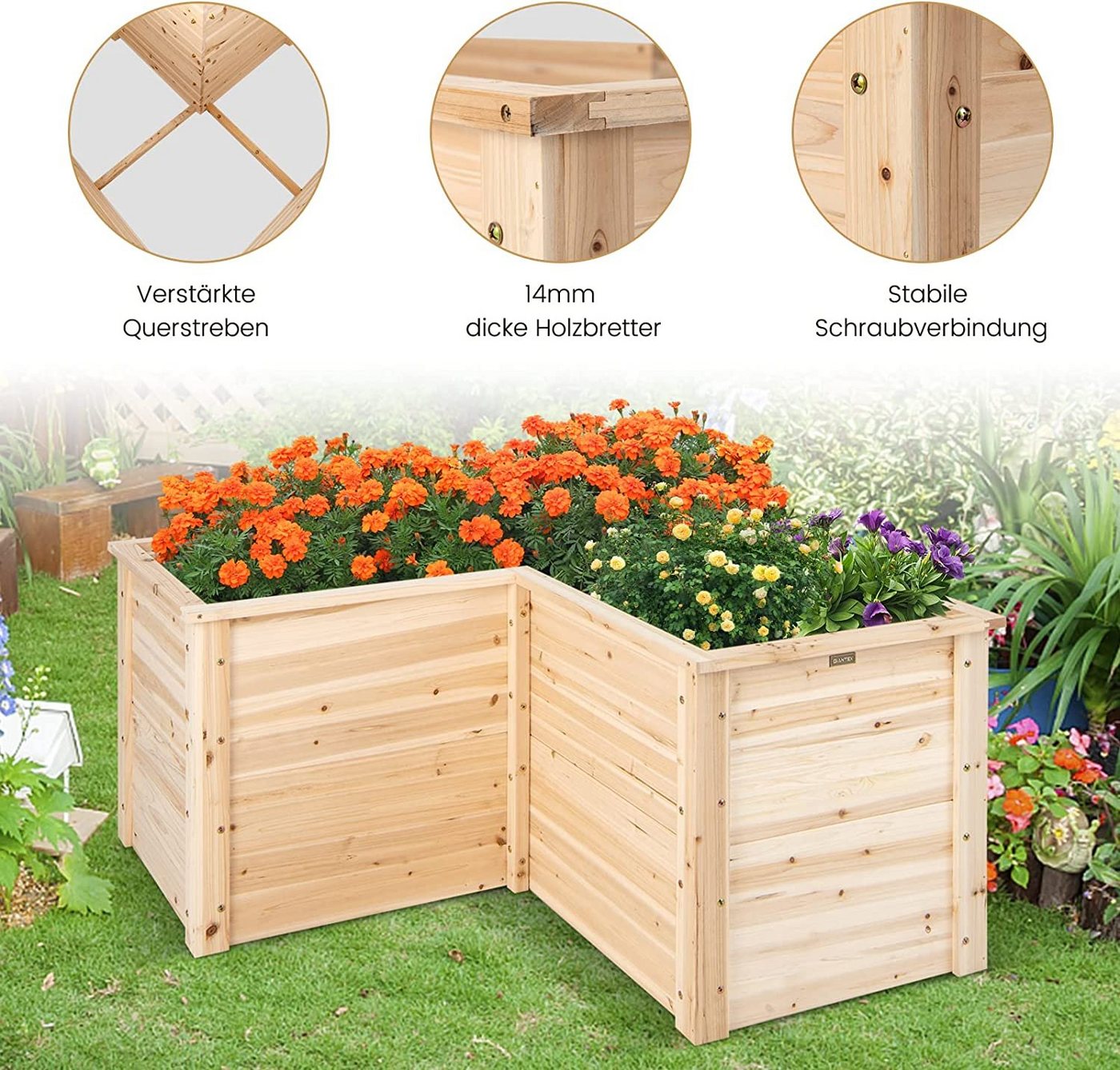 KOMFOTTEU Hochbeet Gartenbeet, L-förmiges Pflanzenkasten mit offenem Boden – Bild 3 von 5