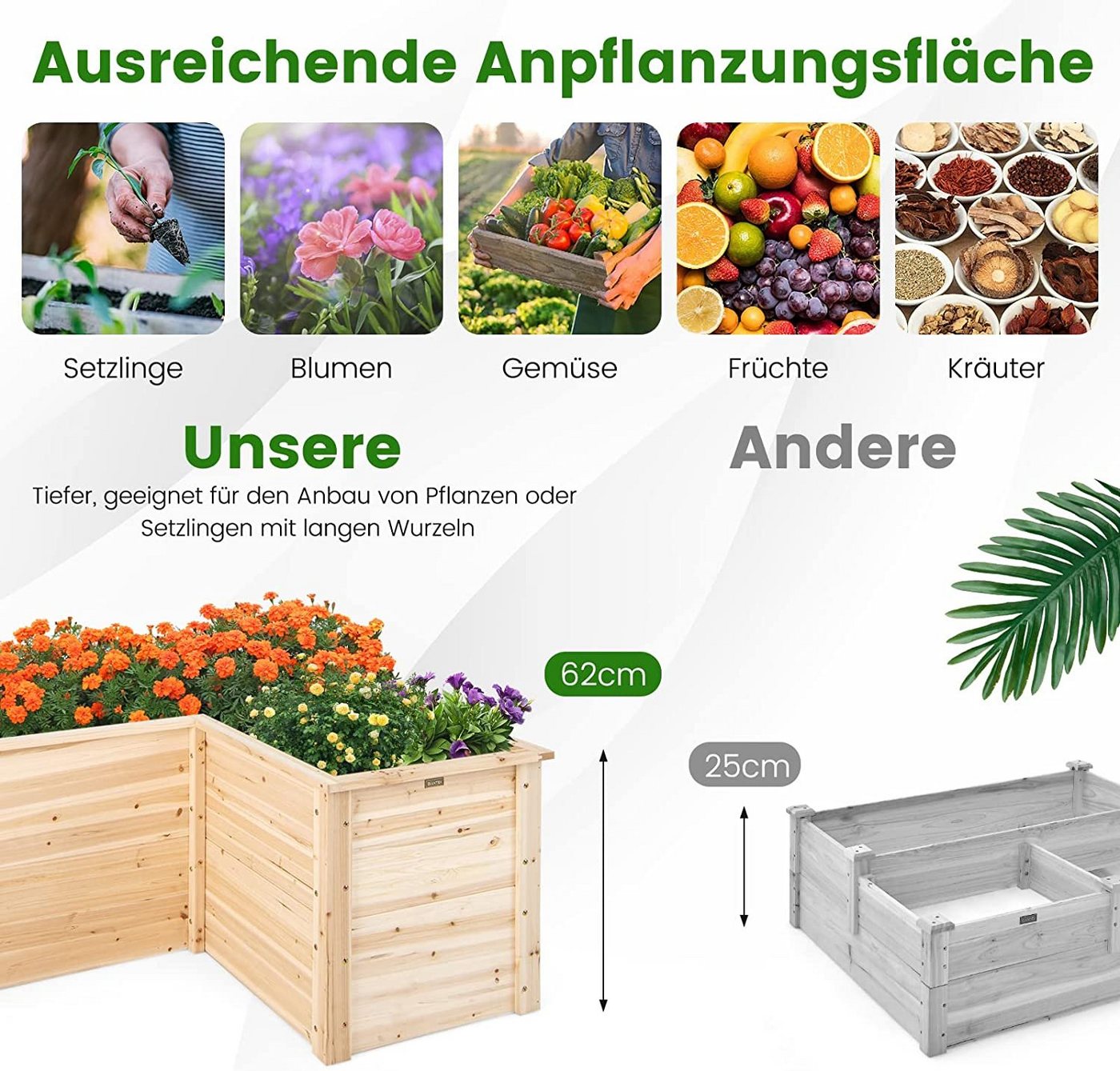 KOMFOTTEU Hochbeet Gartenbeet, L-förmiges Pflanzenkasten mit offenem Boden – Bild 4 von 5