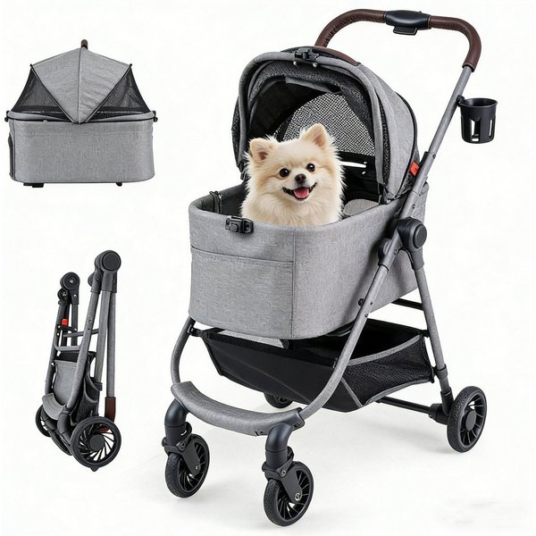 KOMFOTTEU Hundebuggy, Hundewagen mit Rädern, verstellbarem Sonnenschutz, waschbarem Kissen