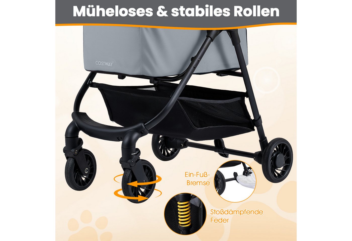 KOMFOTTEU Hundebuggy, Hundewagen mit Rädern, verstellbarem Sonnenschutz, waschbarem Kissen – Bild 5 von 5
