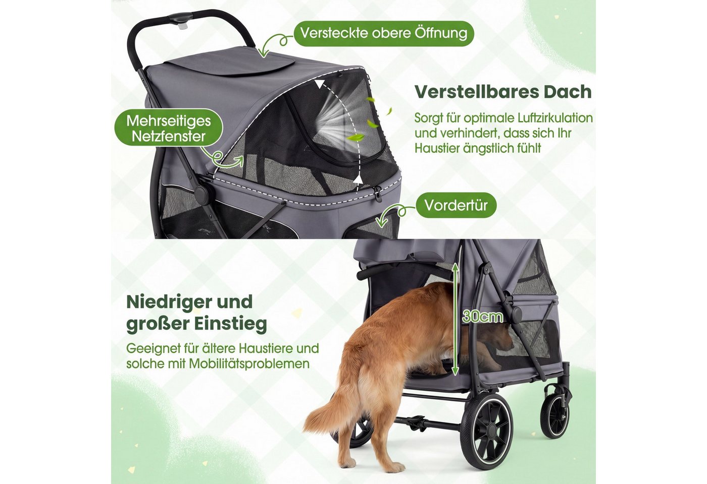 KOMFOTTEU Hundebuggy, mit Geländereifen, tiefer Einstieg & verstellbares Sonnendach – Bild 3 von 5