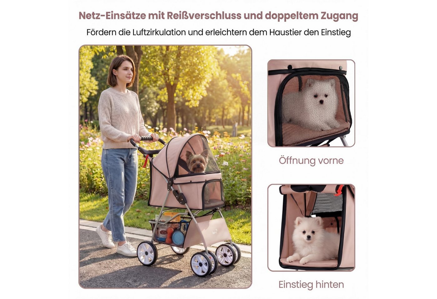 KOMFOTTEU Hundebuggy, Hundewagen mit Getränkehalter & Aufbewahrungskorb – Bild 3 von 5