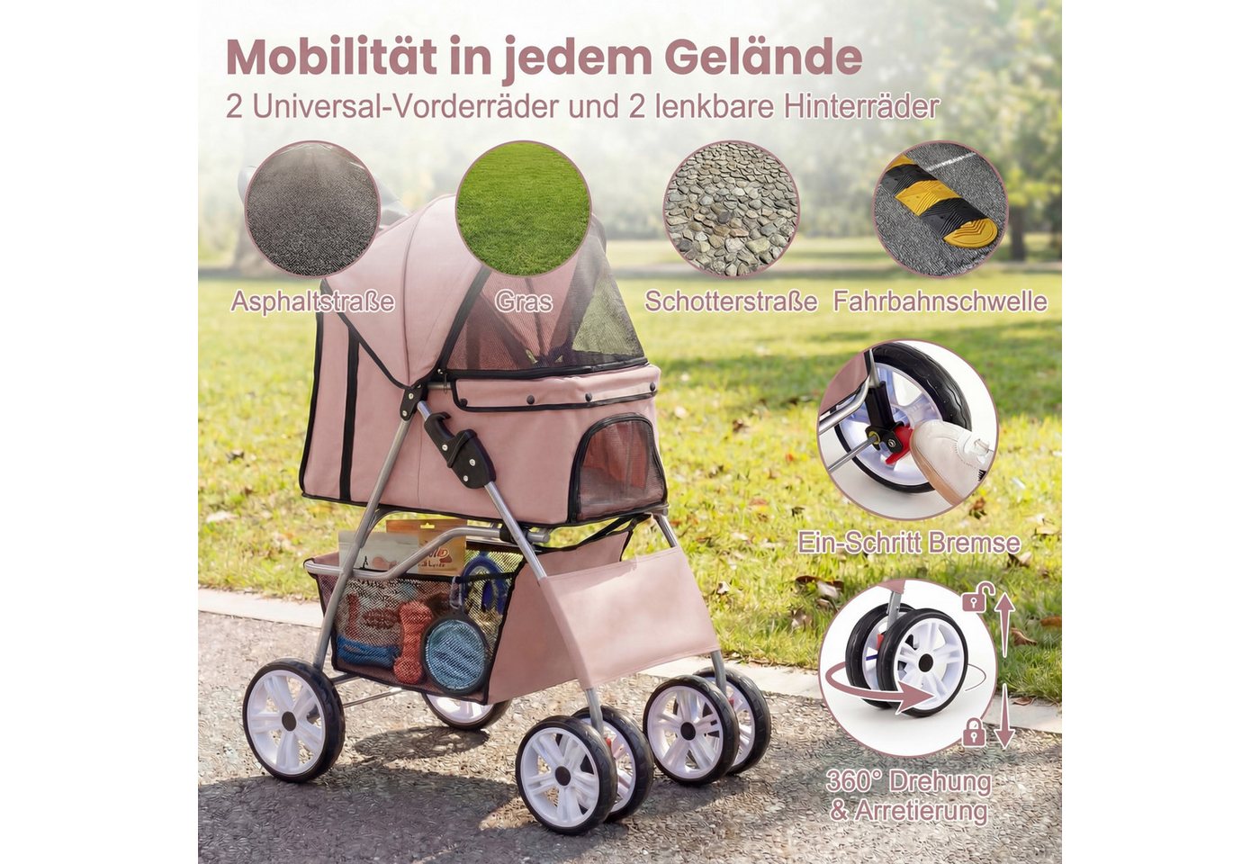 KOMFOTTEU Hundebuggy, Hundewagen mit Getränkehalter & Aufbewahrungskorb – Bild 4 von 5