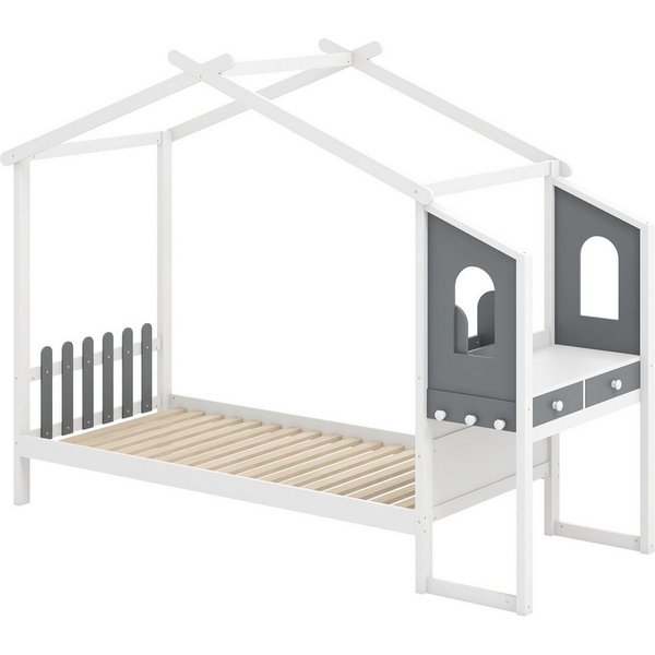 KOMFOTTEU Kinderbett, Hausbett mit Schreibtisch, Schubladen & Haken, 90 x 200