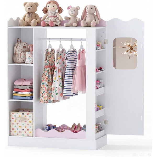 KOMFOTTEU Kinderkleiderschrank Kindergarderobe Kleiderständer mit Spiegel, Kleiderstange & offenen Fächern
