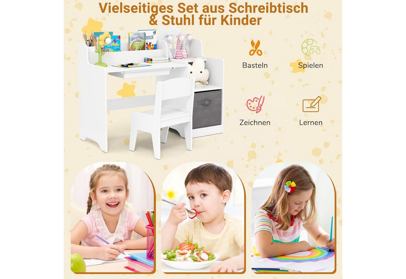 KOMFOTTEU Kinderschreibtisch, Schülerschreibtisch mit Stuhl, Regalen & Aufbewahrungsfächern – Bild 3 von 5