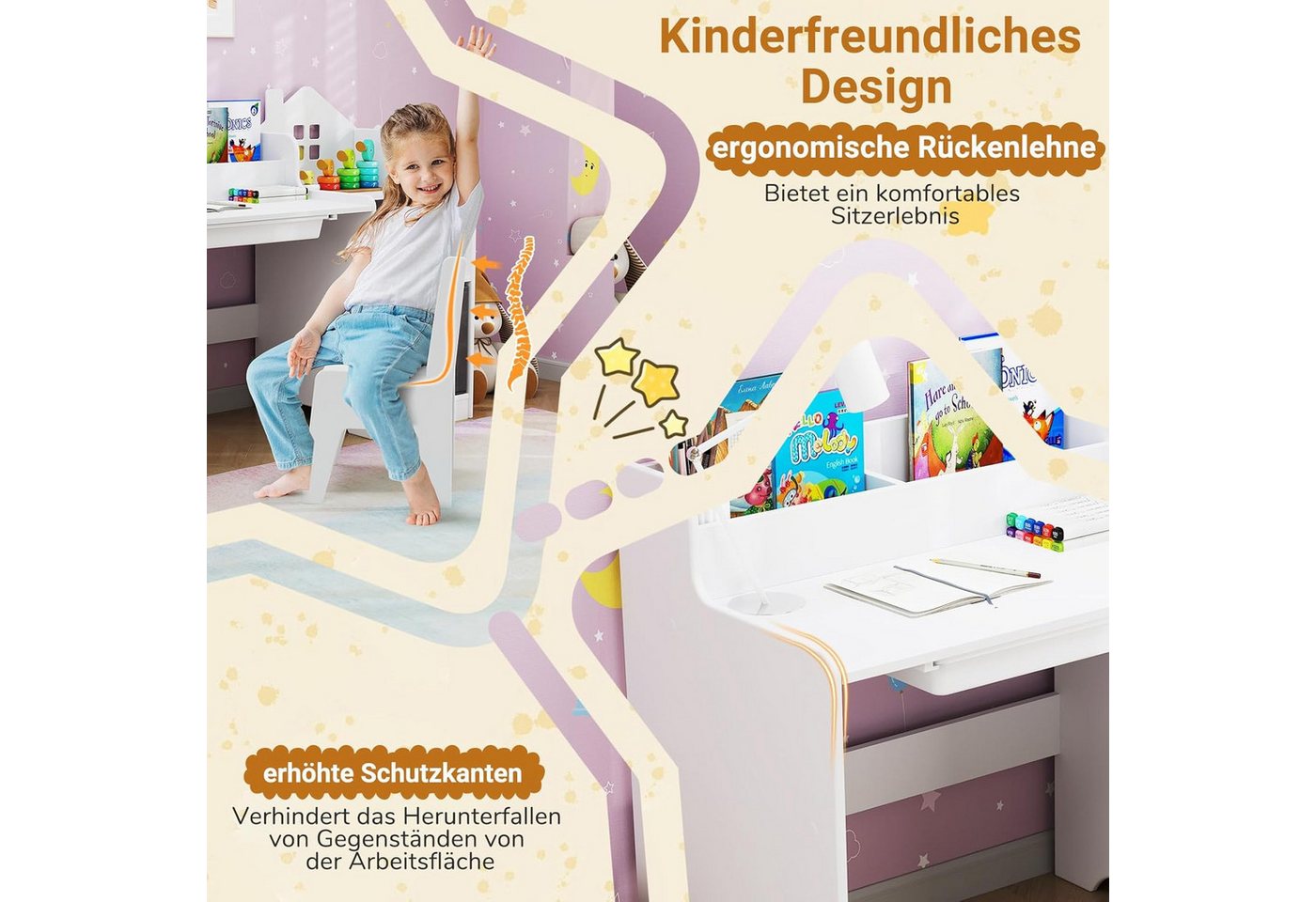 KOMFOTTEU Kinderschreibtisch, Schülerschreibtisch mit Stuhl, Regalen & Aufbewahrungsfächern – Bild 4 von 5