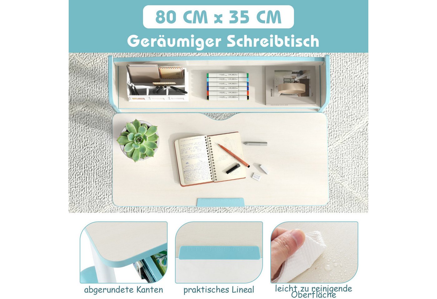 KOMFOTTEU Kinderschreibtisch, mit 7-stufig neigbarer Tischplatte, für Kinder 3-12 Jahren – Bild 4 von 5