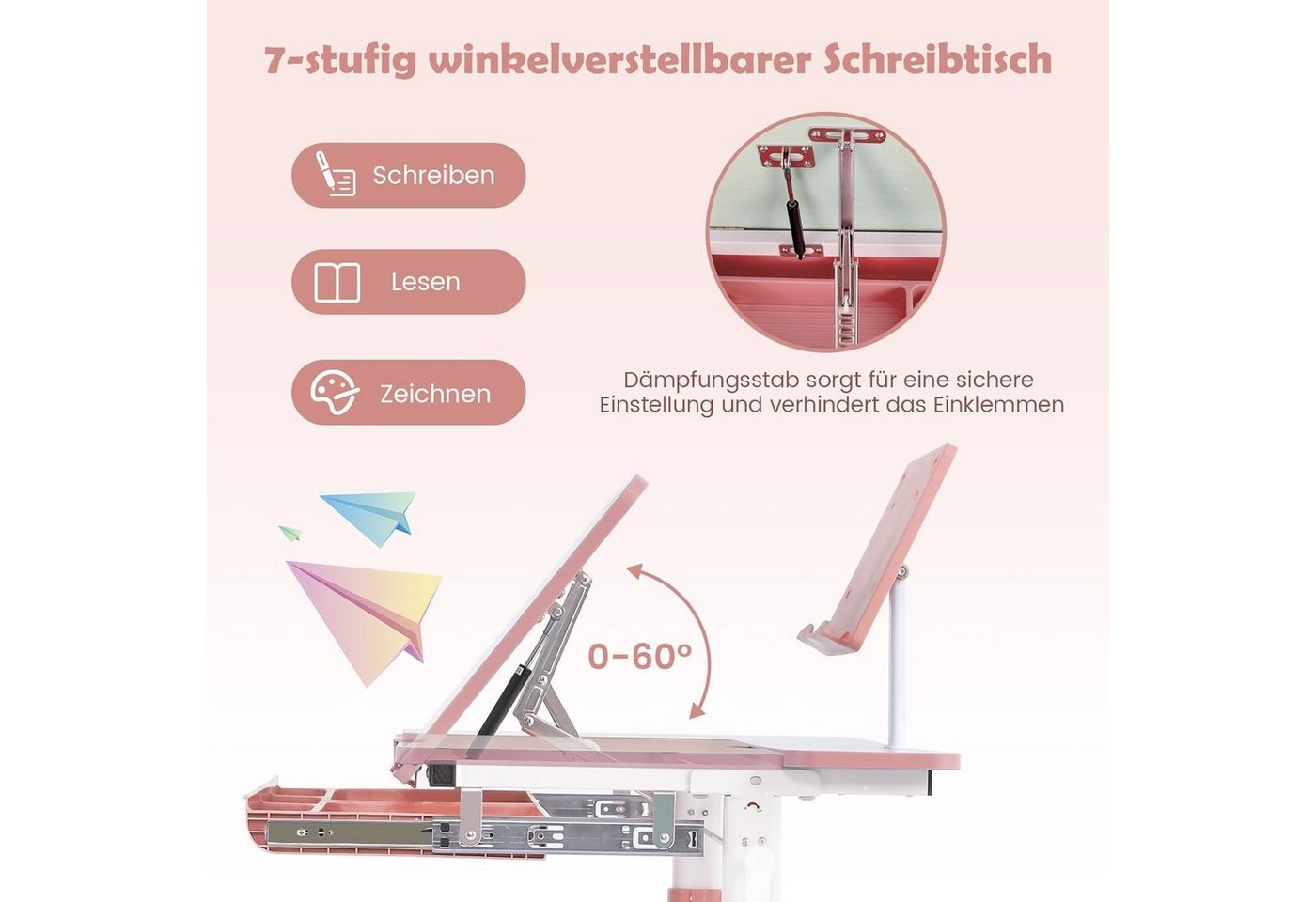 KOMFOTTEU Kinderschreibtisch, mit verstellbarer Tischplatte & Bücherständer – Bild 4 von 5