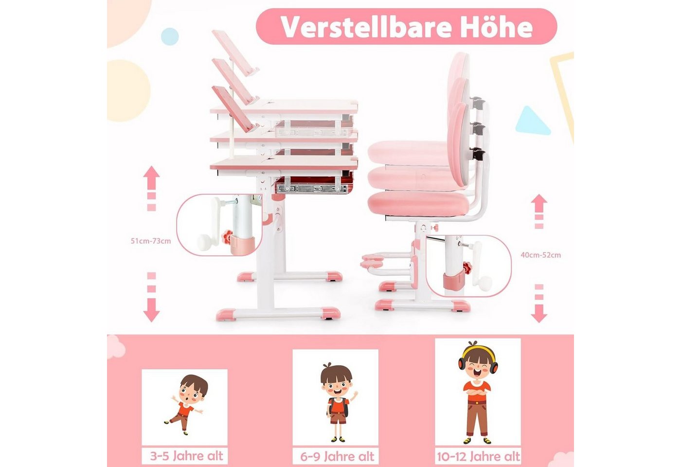 KOMFOTTEU Kinderschreibtisch, mit verstellbarer Tischplatte & Bücherständer – Bild 5 von 5