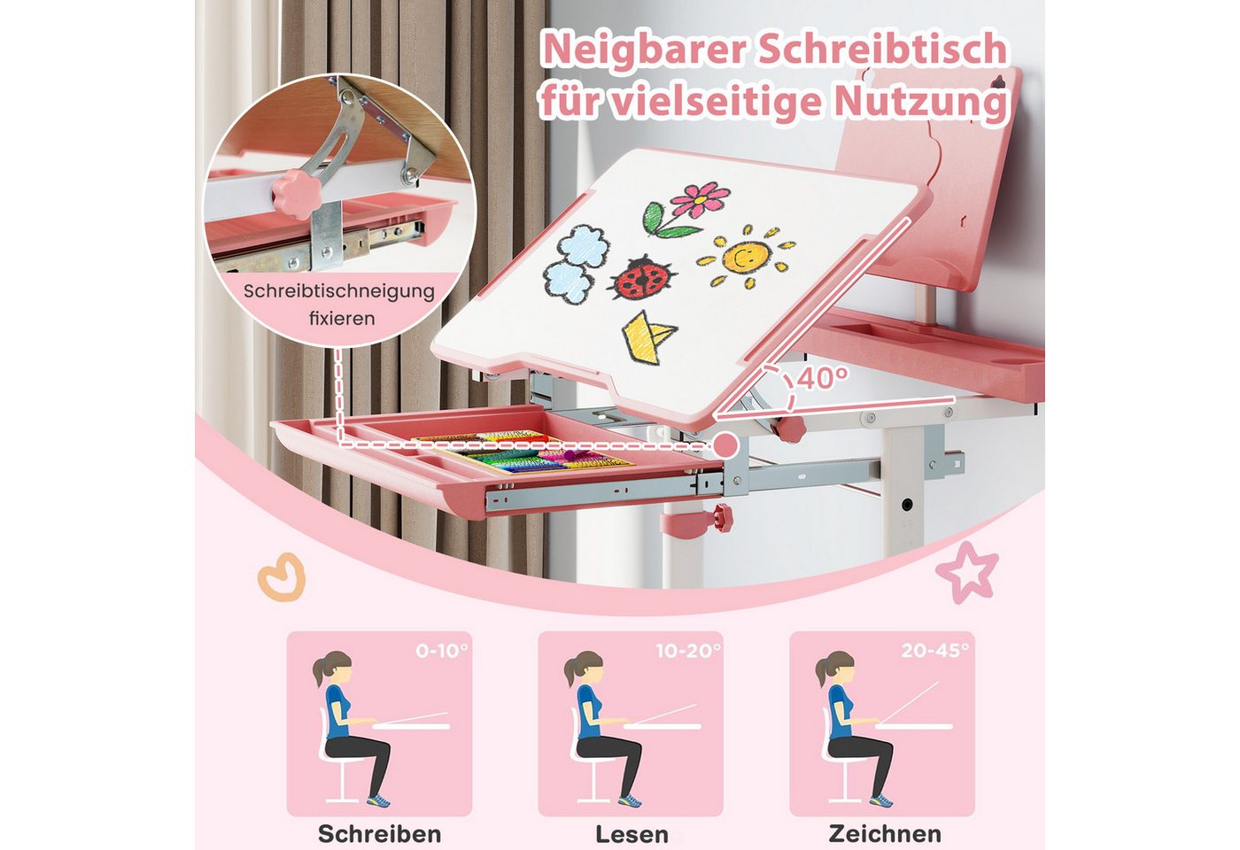 KOMFOTTEU Kinderschreibtisch, höhenverstellbarer Schreibtisch mit Stuhl, Becherhalter & Schublade – Bild 4 von 5