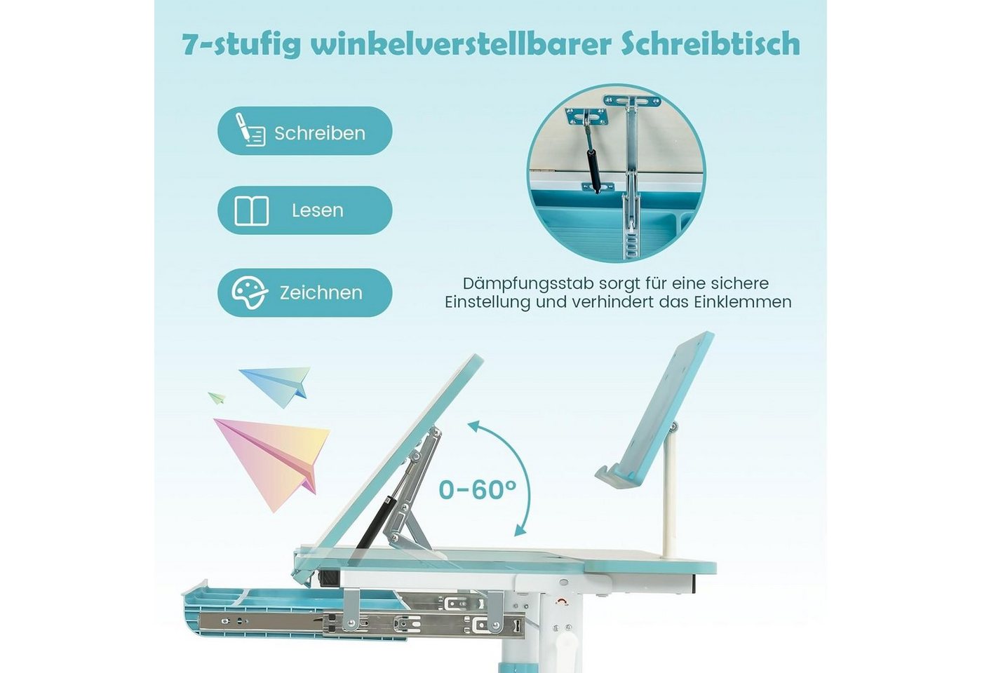 KOMFOTTEU Kinderschreibtisch, mit verstellbarer Tischplatte & Bücherständer – Bild 4 von 5