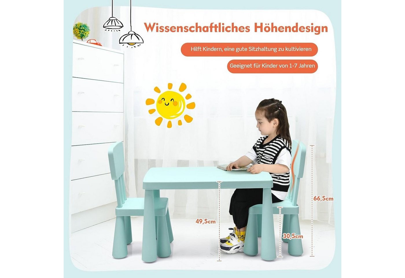 KOMFOTTEU Kindersitzgruppe Kindertisch mit 2 Stühlen, (Set), aus Kunststoff – Bild 2 von 5