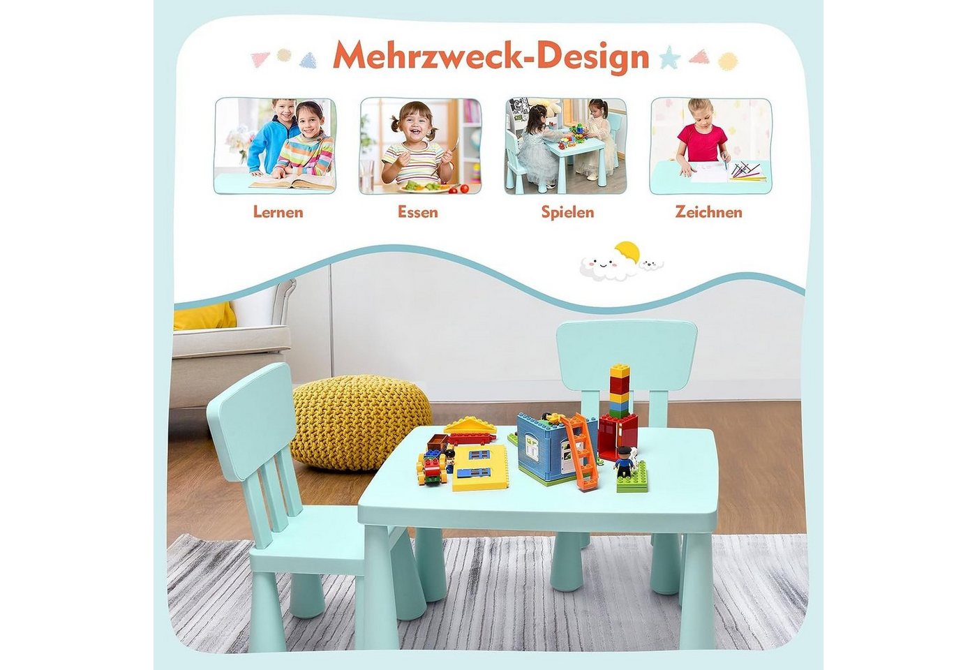 KOMFOTTEU Kindersitzgruppe Kindertisch mit 2 Stühlen, (Set), aus Kunststoff – Bild 3 von 5
