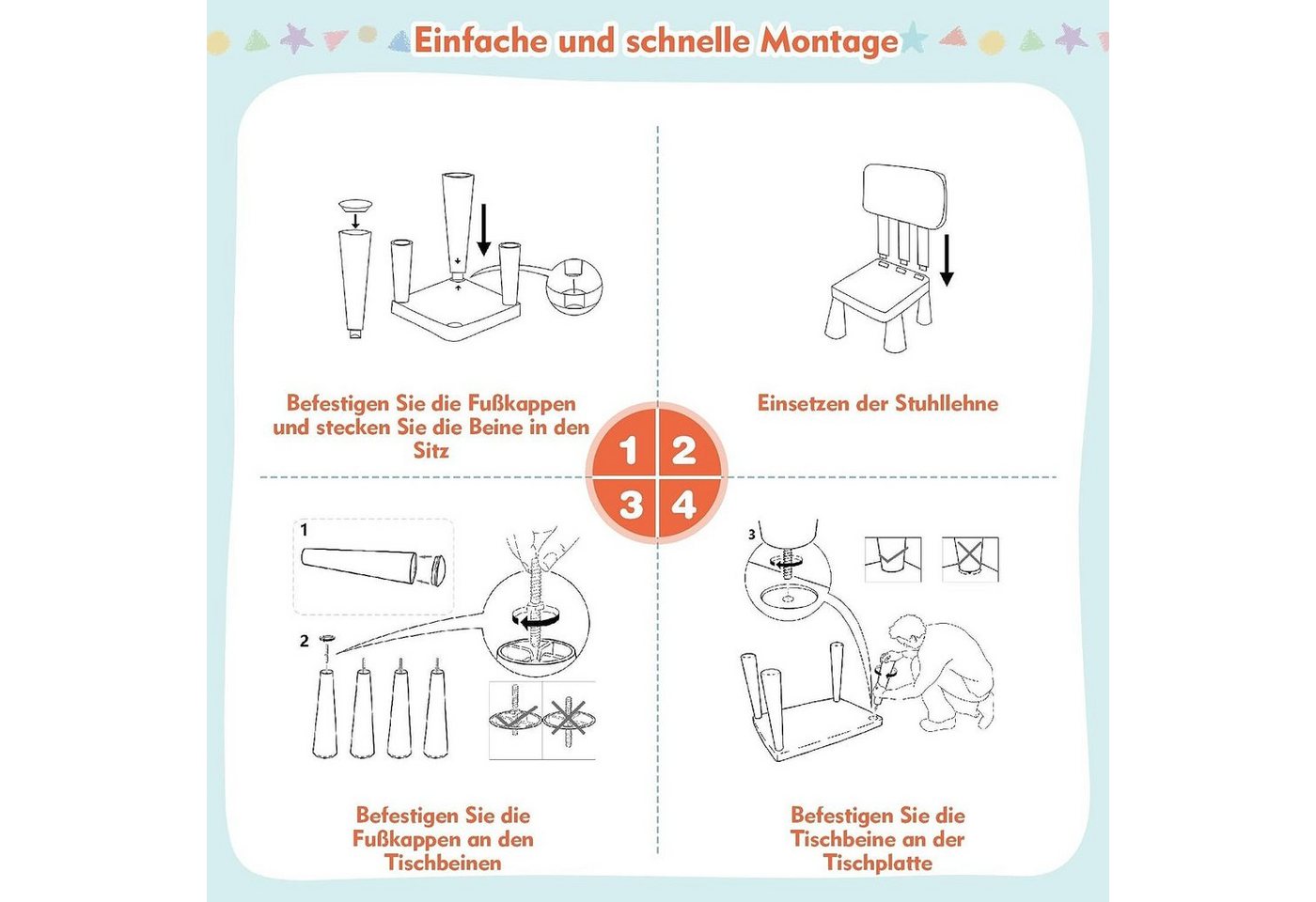 KOMFOTTEU Kindersitzgruppe Kindertisch mit 2 Stühlen, (Set), aus Kunststoff – Bild 4 von 5