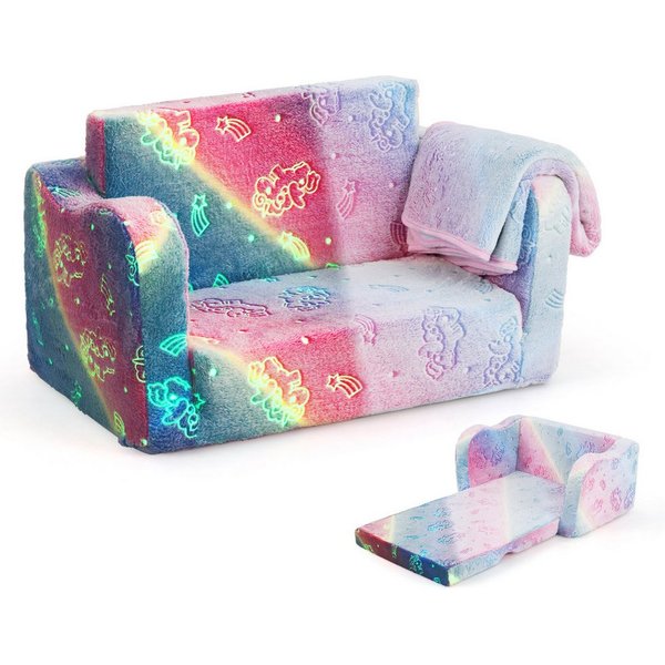 KOMFOTTEU Kindersofa, ausklappbar mit leuchtenden Mustern & abnehmbarem Flanellbezug