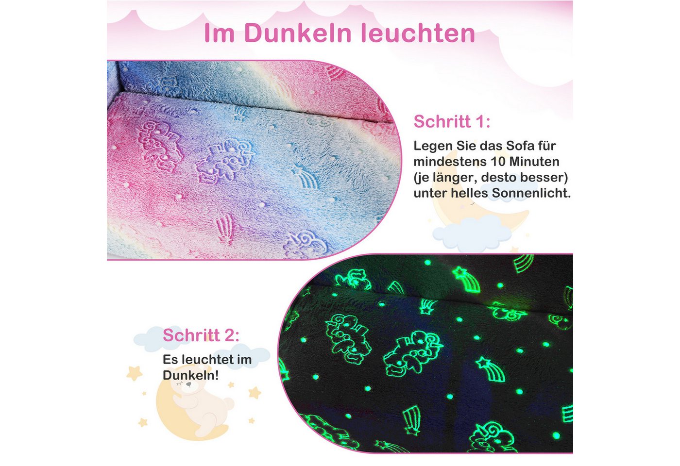KOMFOTTEU Kindersofa, ausklappbar mit leuchtenden Mustern & abnehmbarem Flanellbezug – Bild 2 von 5