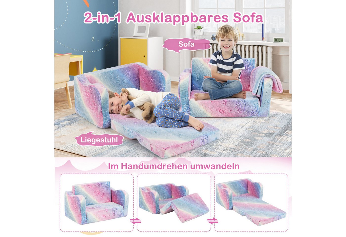 KOMFOTTEU Kindersofa, ausklappbar mit leuchtenden Mustern & abnehmbarem Flanellbezug – Bild 3 von 5