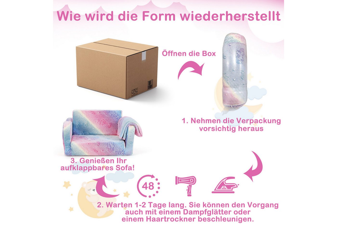 KOMFOTTEU Kindersofa, ausklappbar mit leuchtenden Mustern & abnehmbarem Flanellbezug – Bild 4 von 5