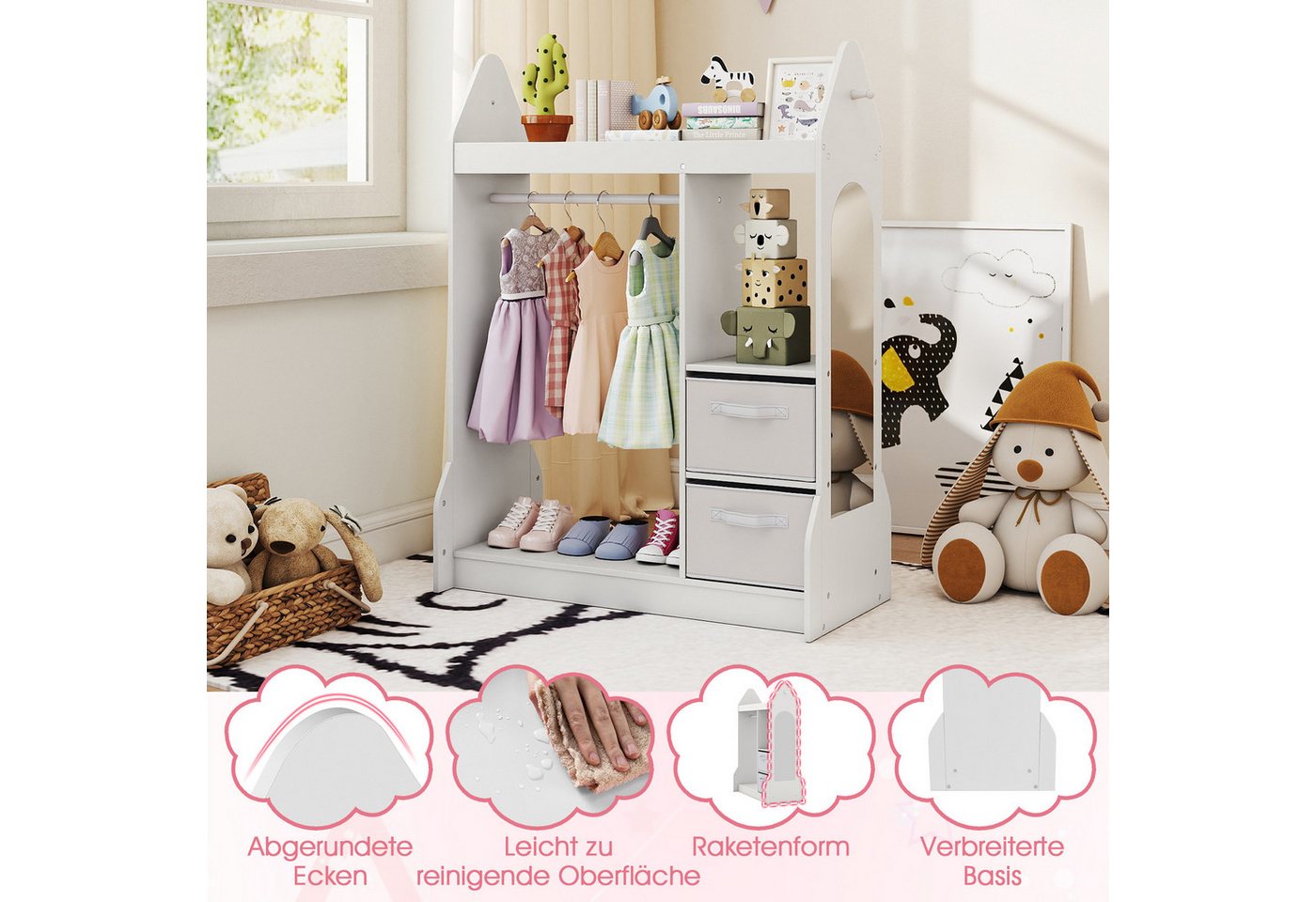 KOMFOTTEU Kleiderständer, Kinderkleiderschrank Kindergarderobe mit Spiegel & Kleiderstange – Bild 2 von 4
