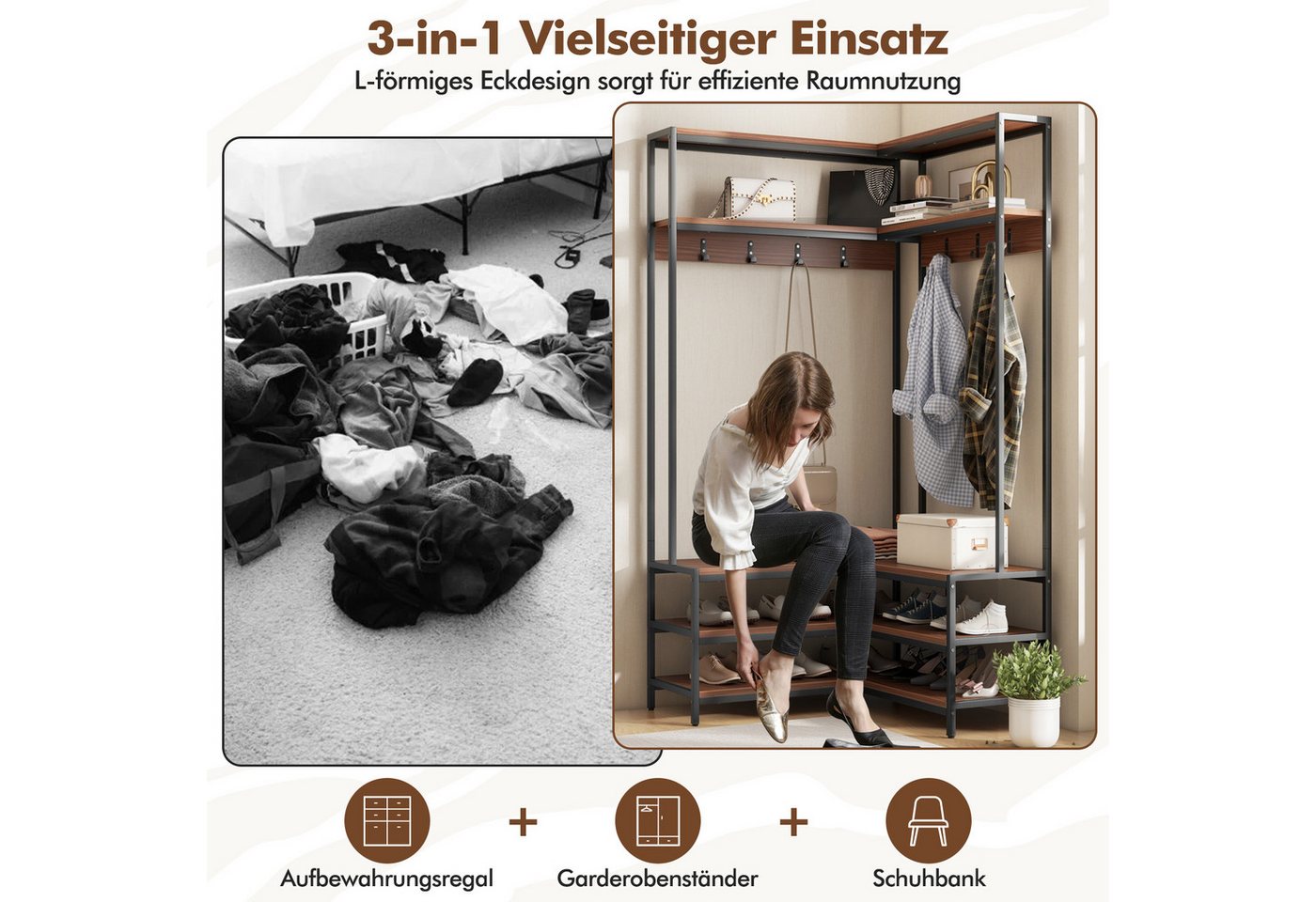 KOMFOTTEU Kleiderständer, L-förmiger Garderobenständer mit Sitzbank, 7 Haken & Ablageflächen – Bild 3 von 5