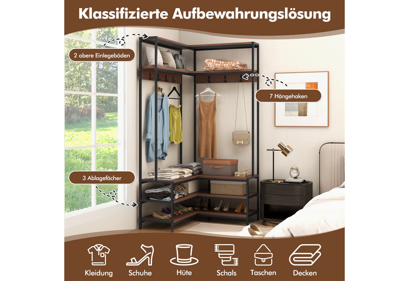 KOMFOTTEU Kleiderständer, L-förmiger Garderobenständer mit Sitzbank, 7 Haken & Ablageflächen – Bild 4 von 5