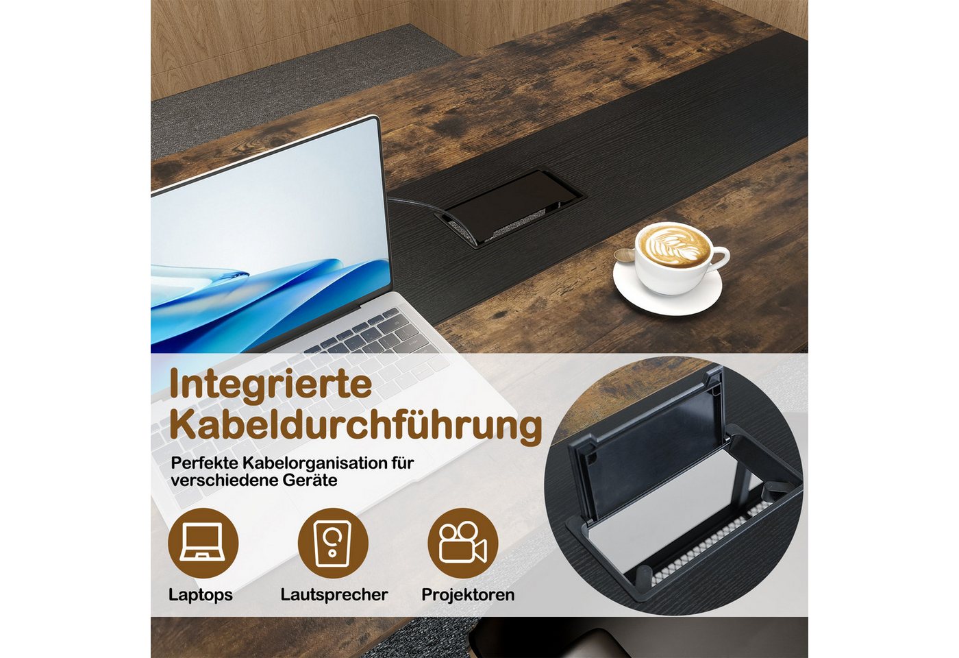 KOMFOTTEU Konferenztisch, Besprechungstisch für 6-8 Personen, mit Kabeldurchführung & Ablagefach – Bild 3 von 5