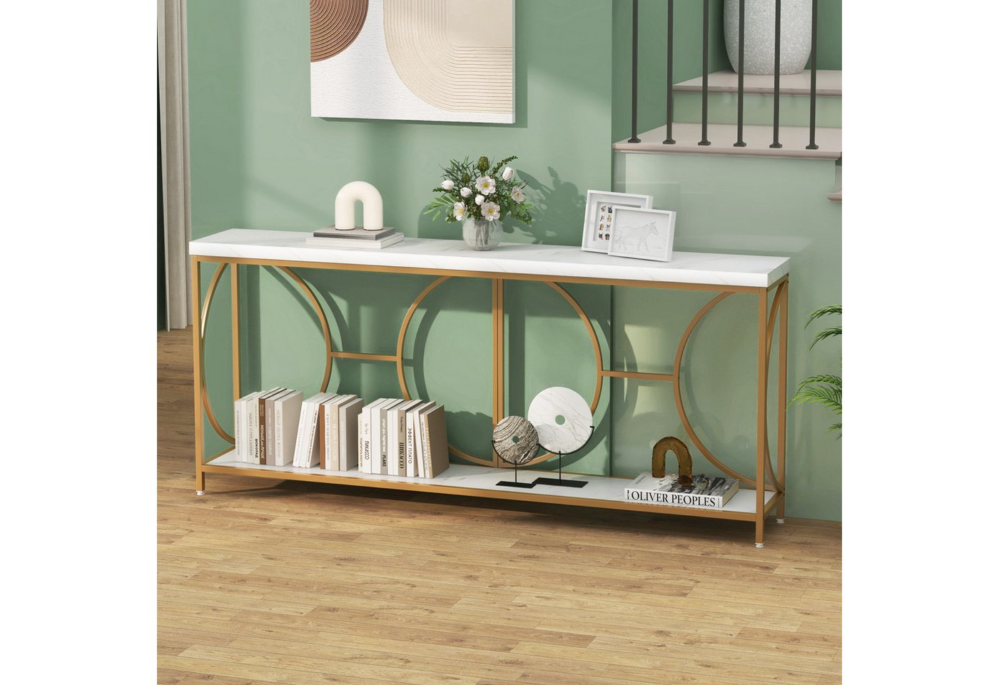 KOMFOTTEU Konsolentisch Flurtisch, mit Kunstmarmor & goldenem Metallrahmen – Bild 2 von 5
