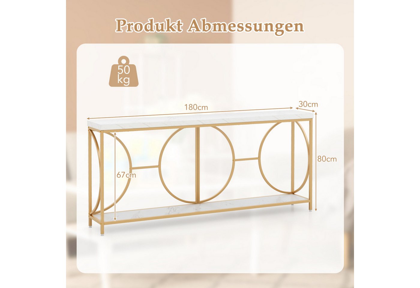 KOMFOTTEU Konsolentisch Flurtisch, mit Kunstmarmor & goldenem Metallrahmen – Bild 3 von 5