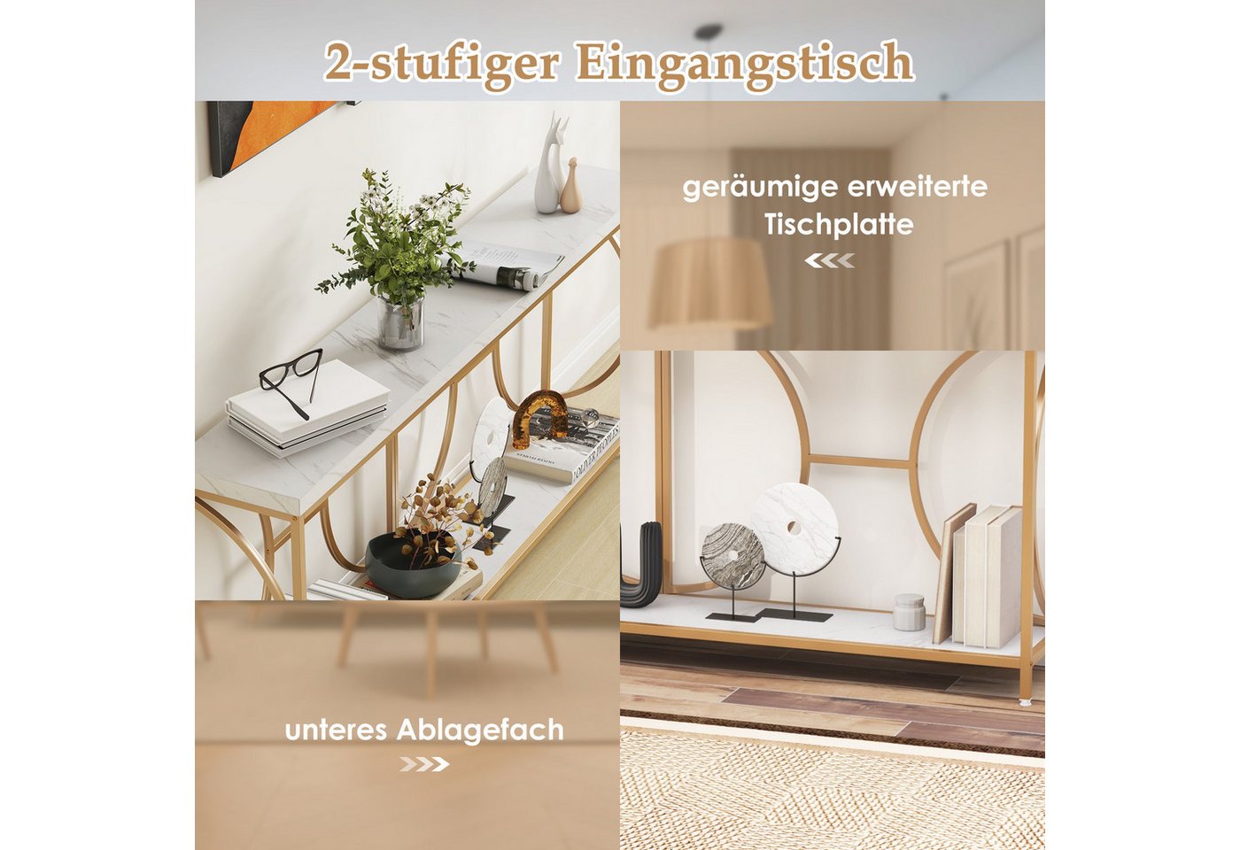 KOMFOTTEU Konsolentisch Flurtisch, mit Kunstmarmor & goldenem Metallrahmen – Bild 4 von 5